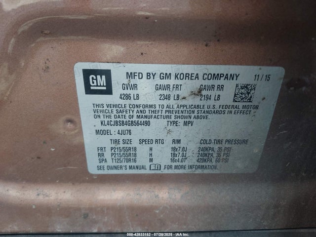 Buick luv - vvt, alum gme e85 max 2016 KL4CJBSB4GB564490 Image 9