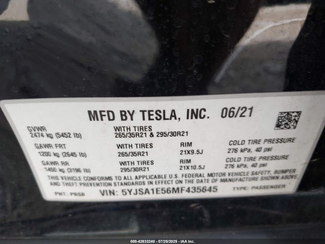2021 TESLA MODEL S 5YJSA1E56MF435645 Photo 8