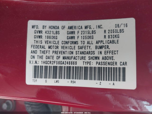 1HGCR2F56GA246669 Honda k24w1