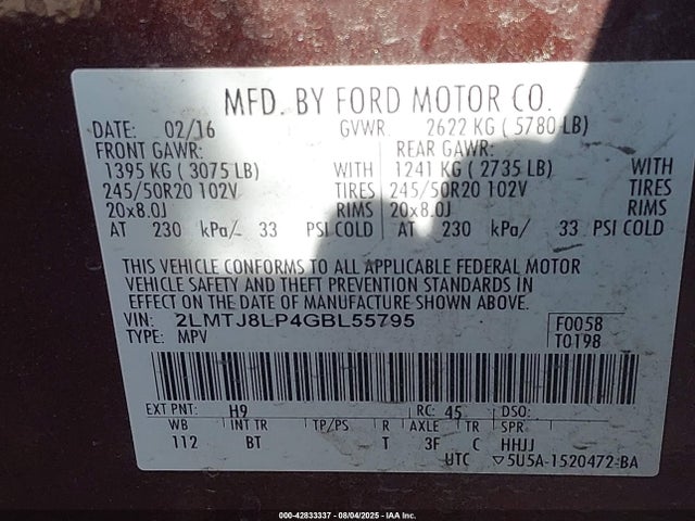 2LMTJ8LP4GBL55795 Lincoln gtdi