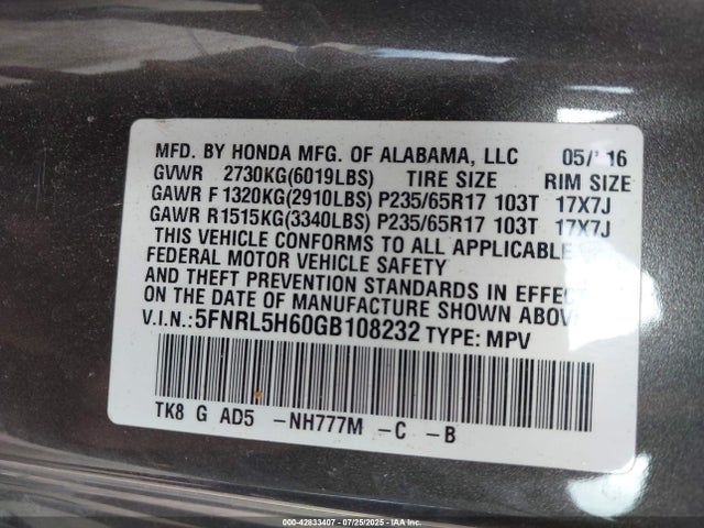 Honda j35z8 2016 5FNRL5H60GB108232 Image 9