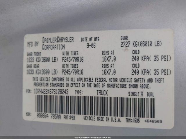 2007 DODGE DAKOTA 1D7HW22K67S128243 Photo 8