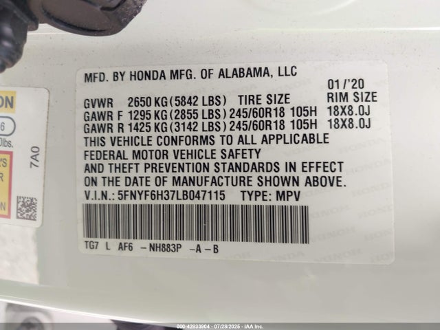 Honda j35y6 2020 5FNYF6H37LB047115 Image 9