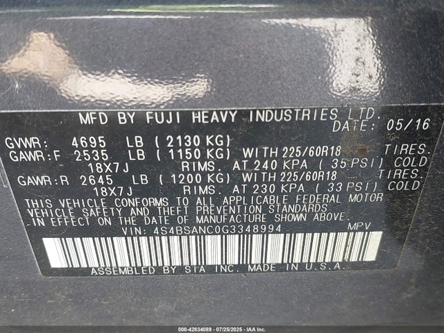 Subaru 2.5l u5 2016 4S4BSANC0G3348994 Image 9