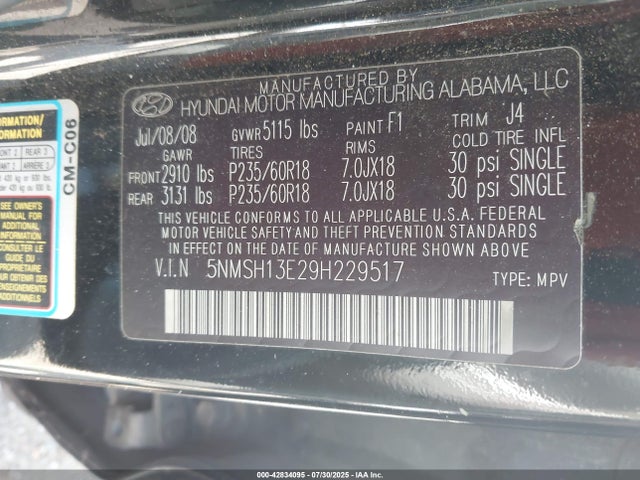 Продаж на аукціоні авто 2009 Hyundai Santa Fe Se, vin: 5NMSH13E29H229517, номер лоту: 42834095
