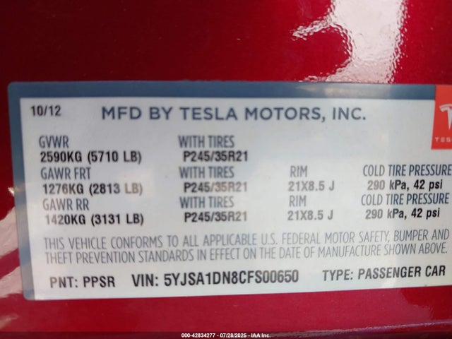 2012 TESLA MODEL S 5YJSA1DN8CFS00650 Photo 8