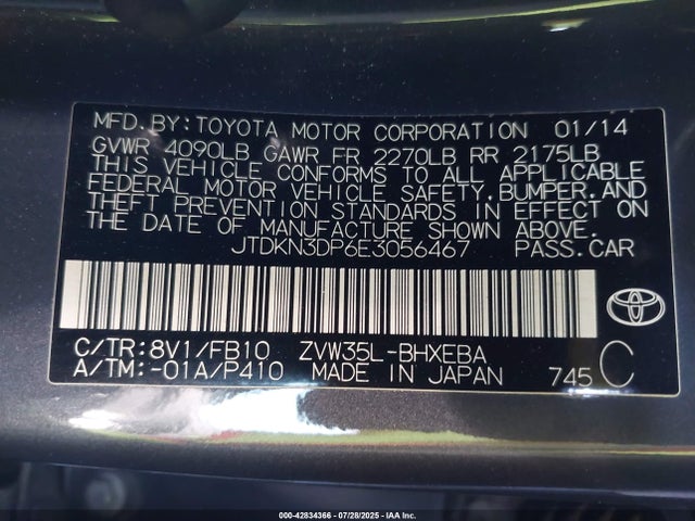 Toyota 2zr-fxe+3jm 2014 JTDKN3DP6E3056467 Image 9