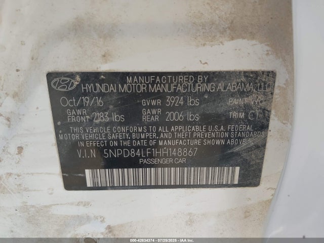 5NPD84LF1HH148867 Hyundai 2017