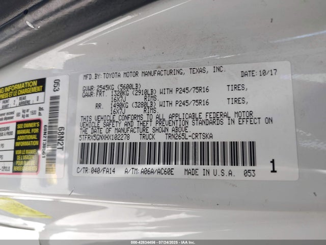 5TFRX5GNXHX102278 Toyota 2tr-fe