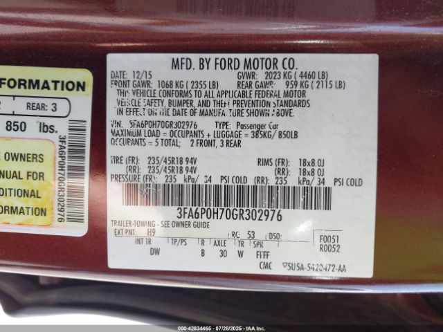 2016 FORD FUSION 3FA6P0H70GR302976 Photo 8