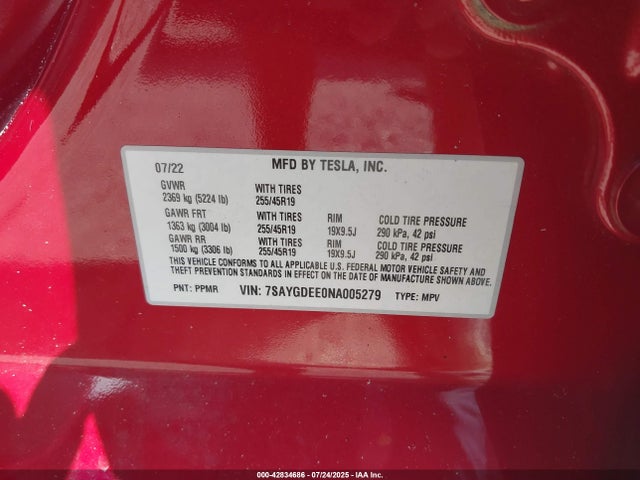 2022 TESLA MODEL Y 7SAYGDEE0NA005279 Photo 8