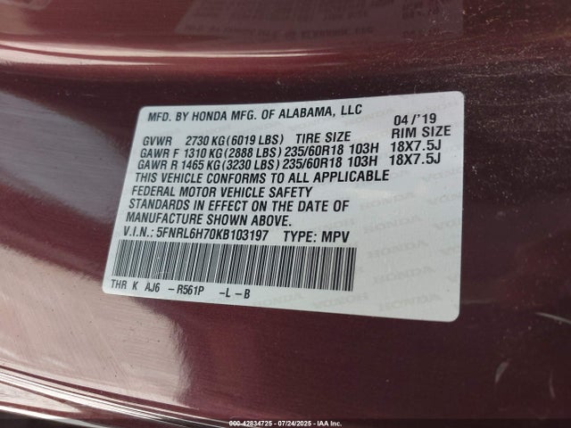 5FNRL6H70KB103197 Honda j35y7