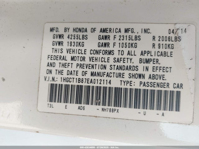 2014 Honda Accord Ex-l მანქანა იყიდება აუქციონზე, vin: 1HGCT1B87EA012114, აუქციონის ნომერი: 42834899