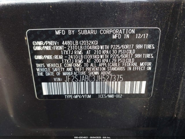 JF2SJABC3JH527375 Subaru naturally aspirated u5