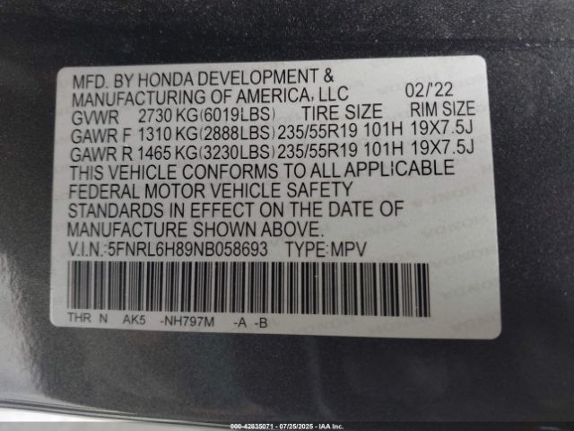 2022 HONDA ODYSSEY 5FNRL6H89NB058693 Photo 8