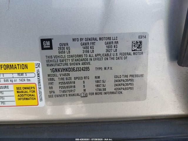 1GNKVHKD3EJ324285 Chevrolet llt