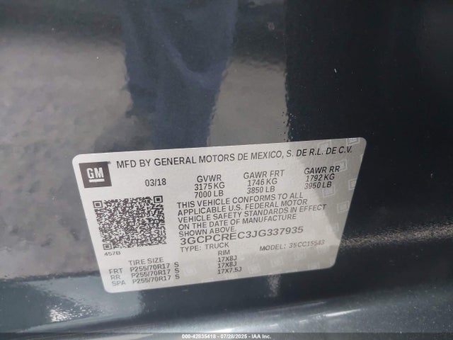 3GCPCREC3JG337935 Chevrolet l83 - sidi: spark ignited direct injection, vvt: variable valve timing, afm, e85 max, alum