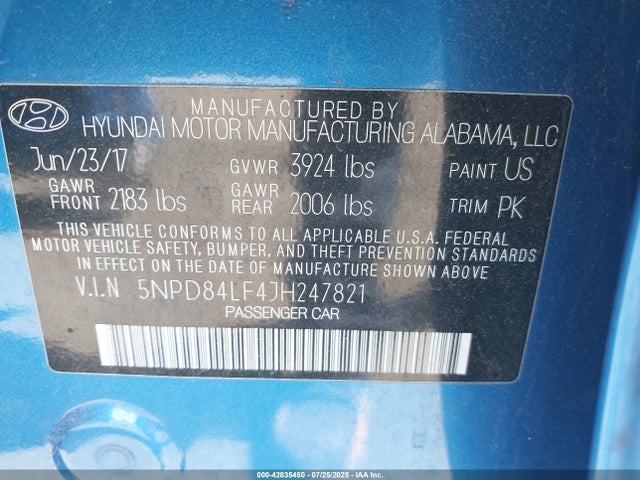 5NPD84LF4JH247821 Hyundai mpi nu