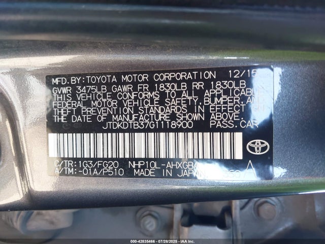 JTDKDTB37G1118900 Toyota 1nz-fxe+1lm