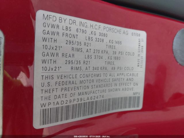 2009 PORSCHE CAYENNE WP1AD29P39LA62474 Photo 8