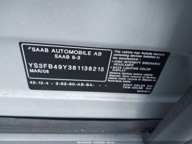 2008 SAAB 9-3 YS3FB49Y381138215 Photo 8
