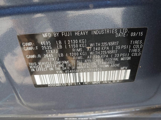 4S4BSAFC1G3220925 Subaru 2.5l u5
