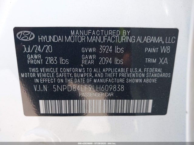 5NPD84LF9LH609838 Hyundai mpi nu