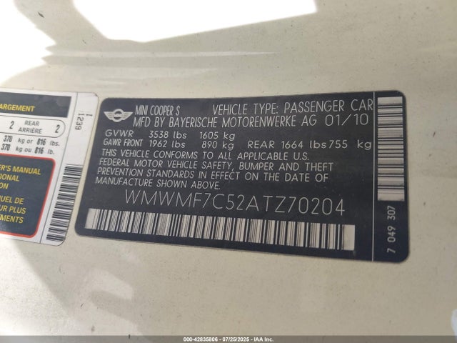 2010 MINI COOPER S WMWMF7C52ATZ70204 Photo 8