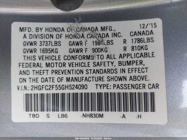 Honda k20c2 2016 2HGFC2F55GH524090 Image 9