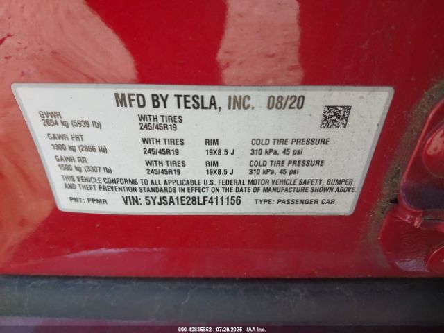 2020 TESLA MODEL S 5YJSA1E28LF411156 Photo 8