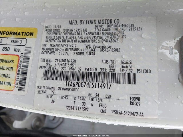 Aukcja sprzedaży 2015 Ford Fusion S, vin: 1FA6P0G74F5114917, numer aukcji: 42835925