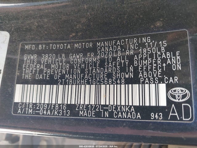 2T1BURHE1GC568548 Toyota 2zr-fe