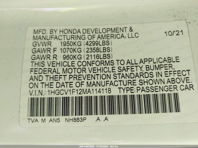 1HGCV1F12MA114118 Honda l15be
