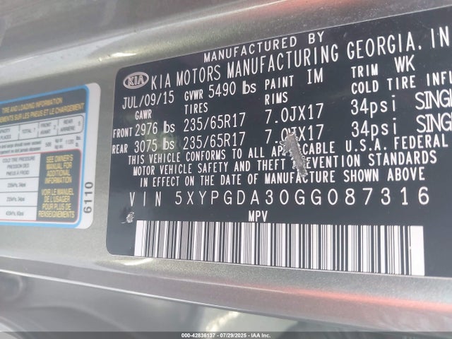 5XYPGDA30GG087316 KIA dohc gdi theta ii