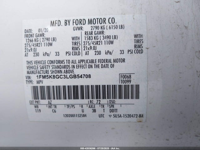 1FM5K8GC3LGB54708 Ford gtdi