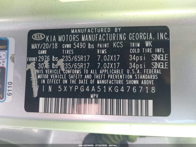 5XYPG4A51KG476718 KIA gdi lambda-ii