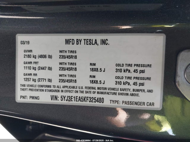 Tesla 2019 2019 5YJ3E1EA5KF325480 Image 9