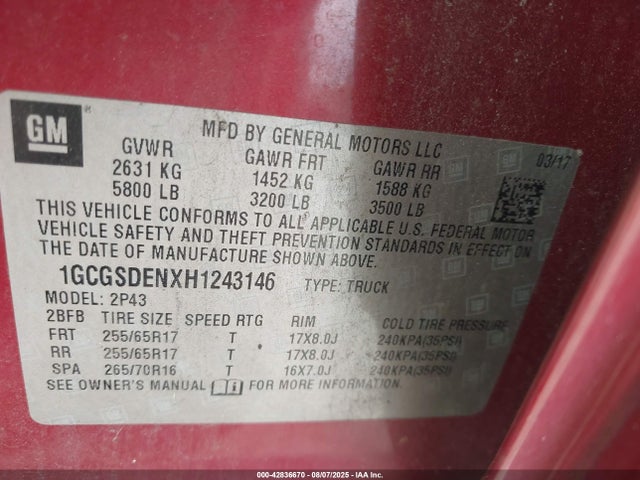 1GCGSDENXH1243146 Chevrolet lg2 - di: direct injection, vvt: variable valve timing, alum, var2, gen2