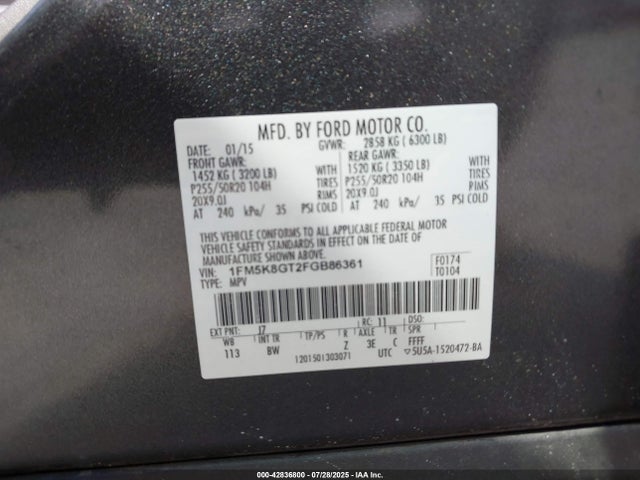 1FM5K8GT2FGB86361 Ford 2015