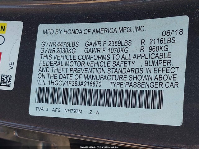 1HGCV1F39JA216870 Honda l15be