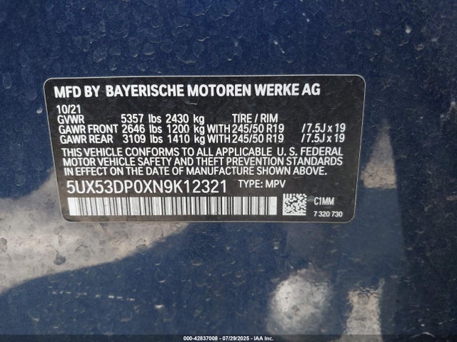 5UX53DP0XN9K12321 BMW 2022