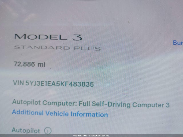 42837043 :رقم المزاد ، 5YJ3E1EA5KF483835 vin ، 2019 Tesla Model 3 Long Range/mid Range/standard Range/standard Range Plus مزاد بيع
