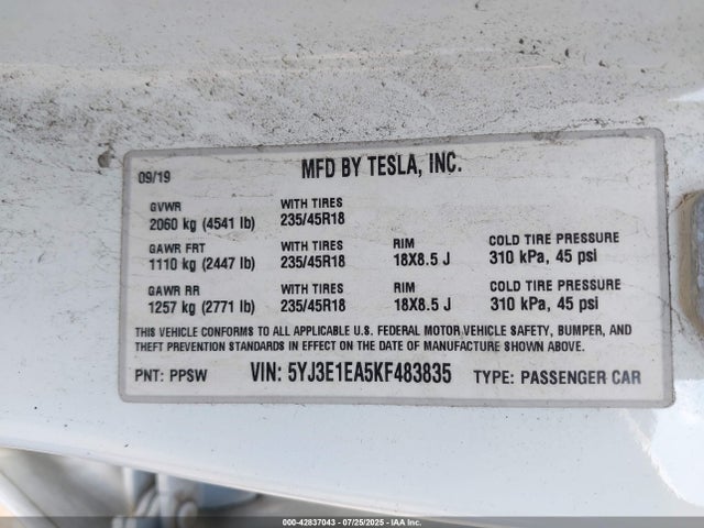 42837043 :رقم المزاد ، 5YJ3E1EA5KF483835 vin ، 2019 Tesla Model 3 Long Range/mid Range/standard Range/standard Range Plus مزاد بيع