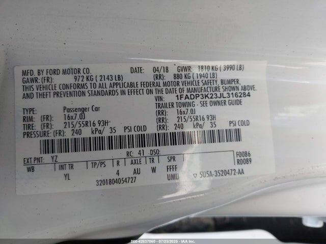 1FADP3K23JL316284 Ford 2.0l gdi