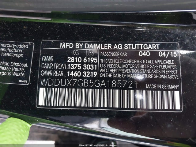 WDDUX7GB5GA185721 Mercedes-Benz 2016