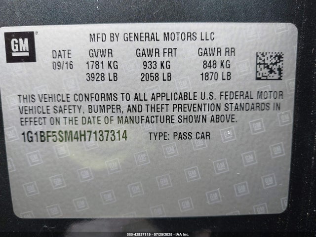 1G1BF5SM4H7137314 Chevrolet le2 -di: direct injection, vvt: variable valve timing, gen, alum