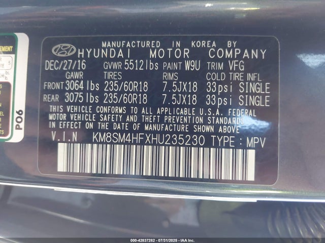 KM8SM4HFXHU235230 Hyundai gdi lambda ii