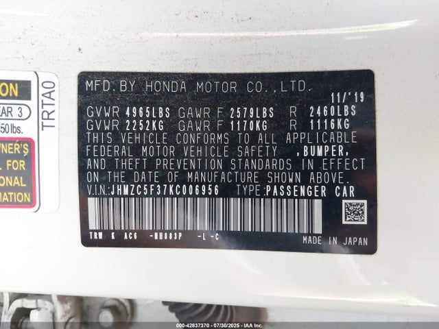 JHMZC5F37KC006956 Honda leb3(h4)