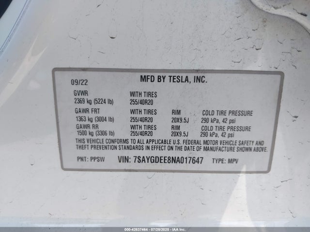 7SAYGDEE8NA017647 Tesla Model Y