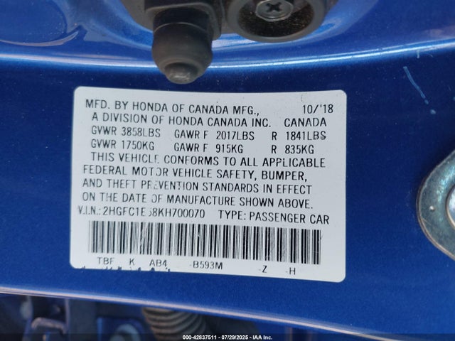 Honda l15b7 2019 2HGFC1E58KH700070 Image 9
